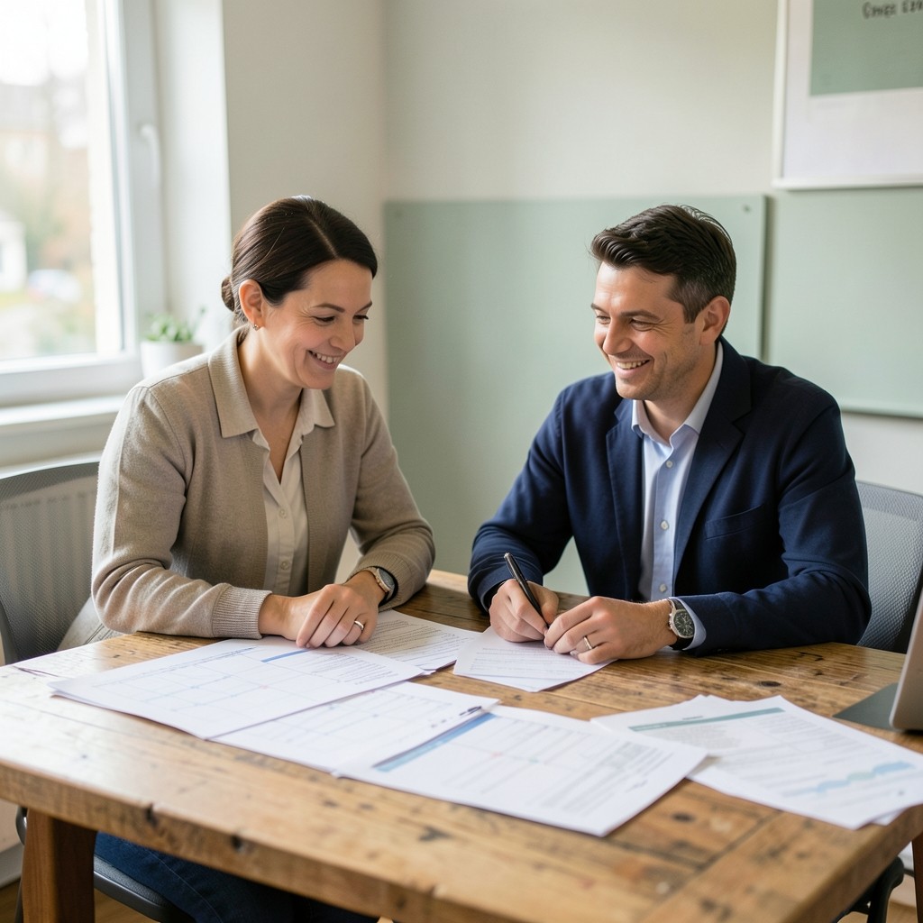 Zwei Beratende im Gespräch an einem Tisch mit Unterlagen zu Arbeitszeiten